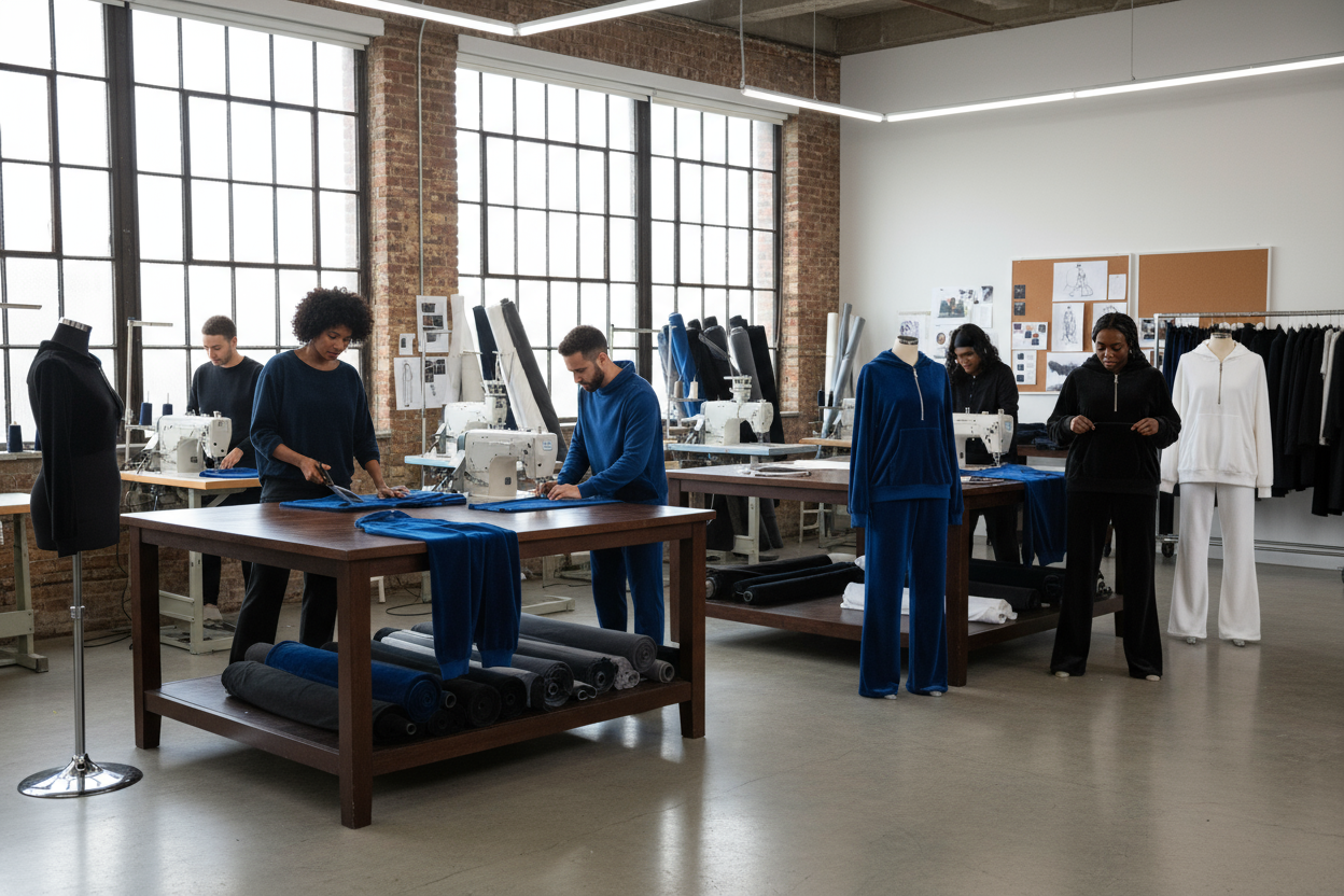 add some blue, white, black and grey velvets textile with black and white people working